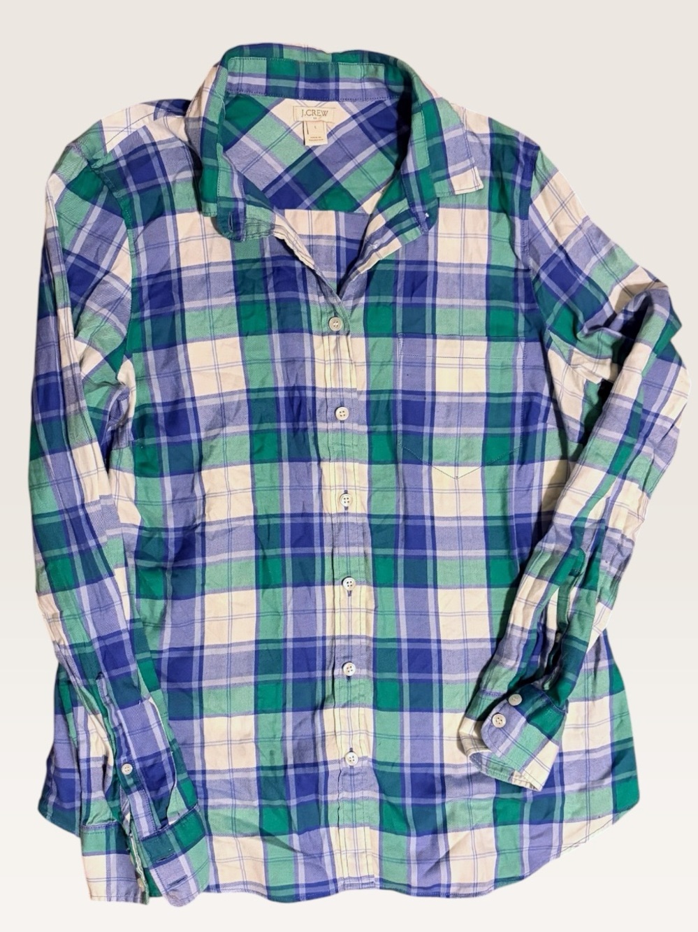J.Crew Blue Green Plaid 100% Cotton Button Down Shirt L
